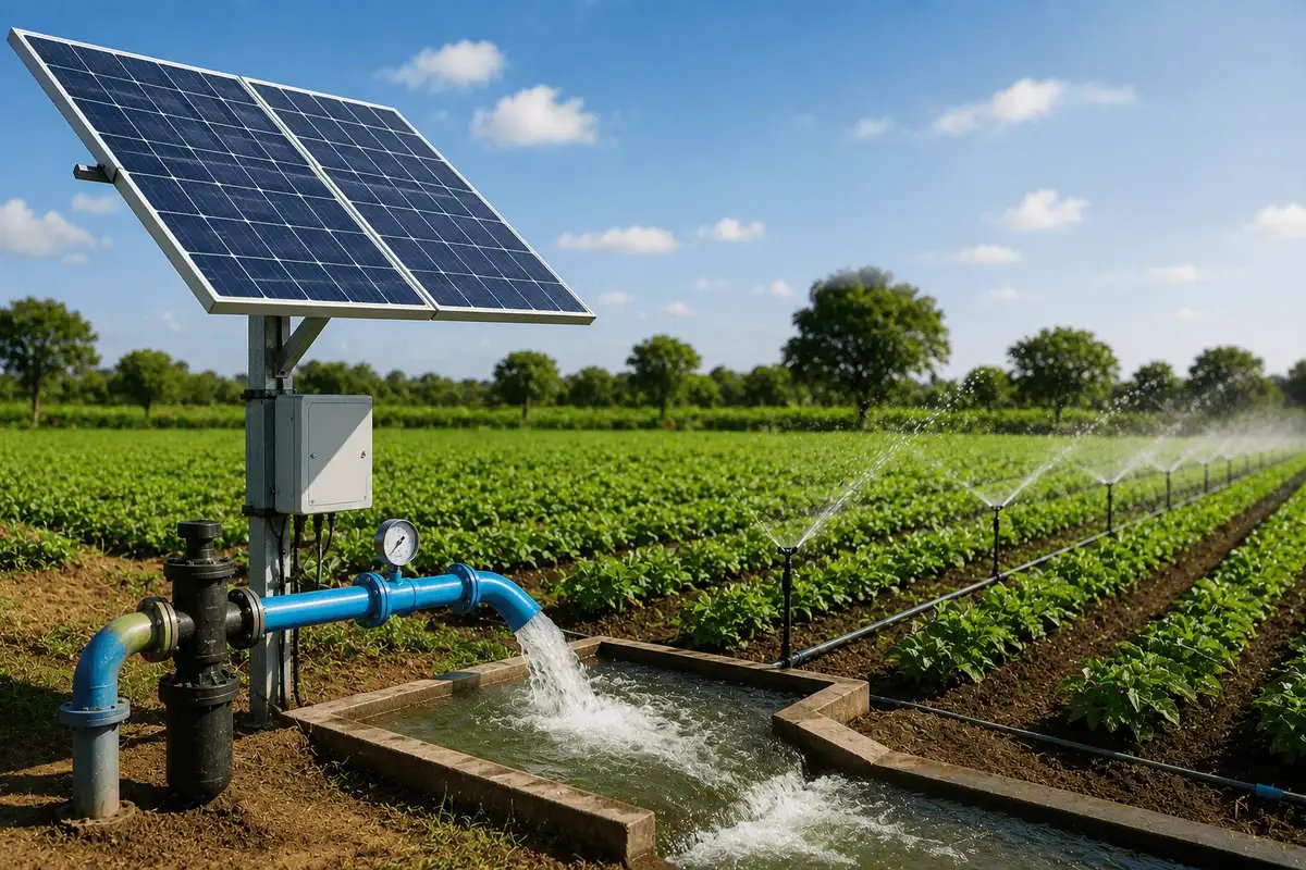 Solar-powered water pumping and irrigation solution providing sustainable, off-grid water supply for agricultural farms.